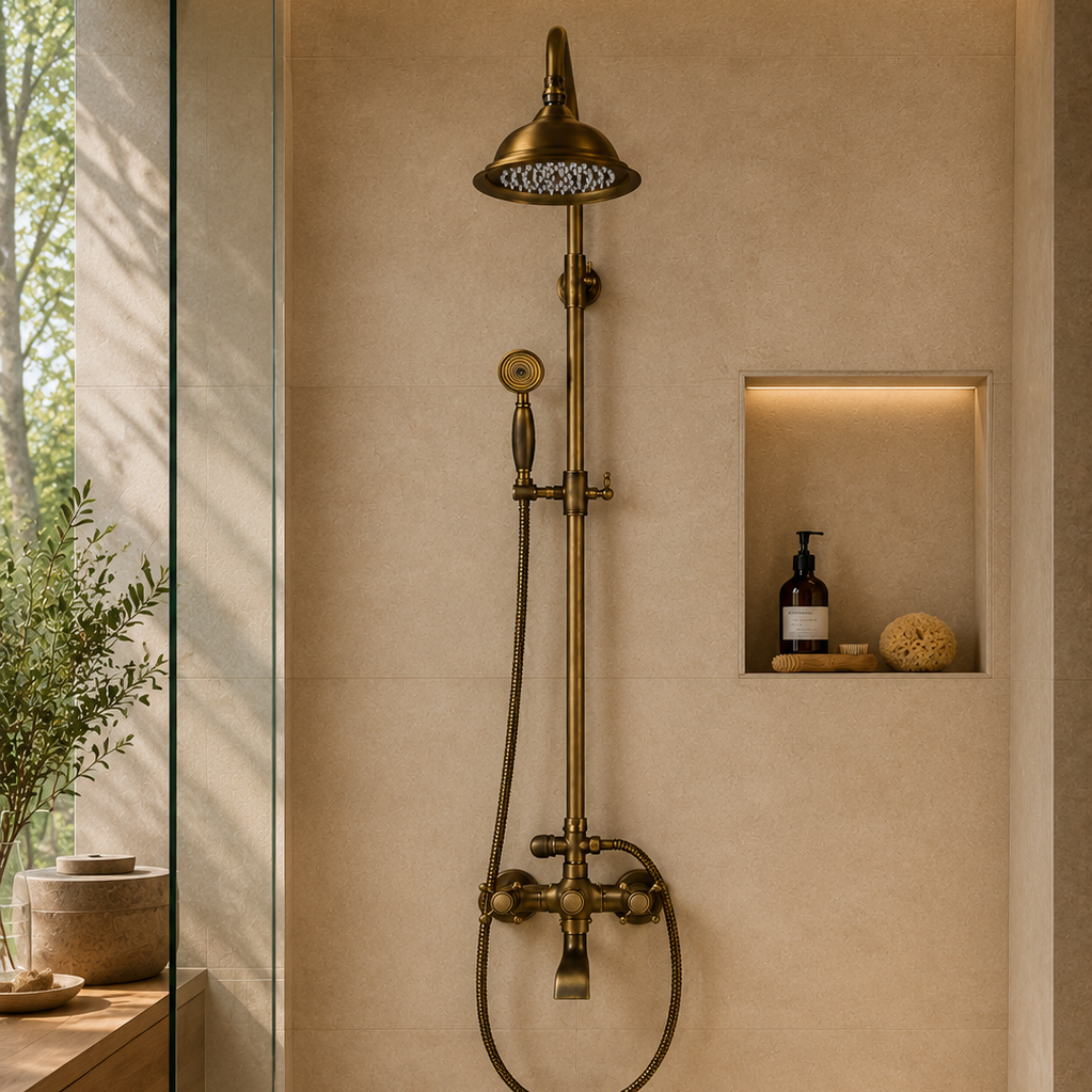 Colonne de douche rétro en laiton à pommeau cloche – ciel de pluie