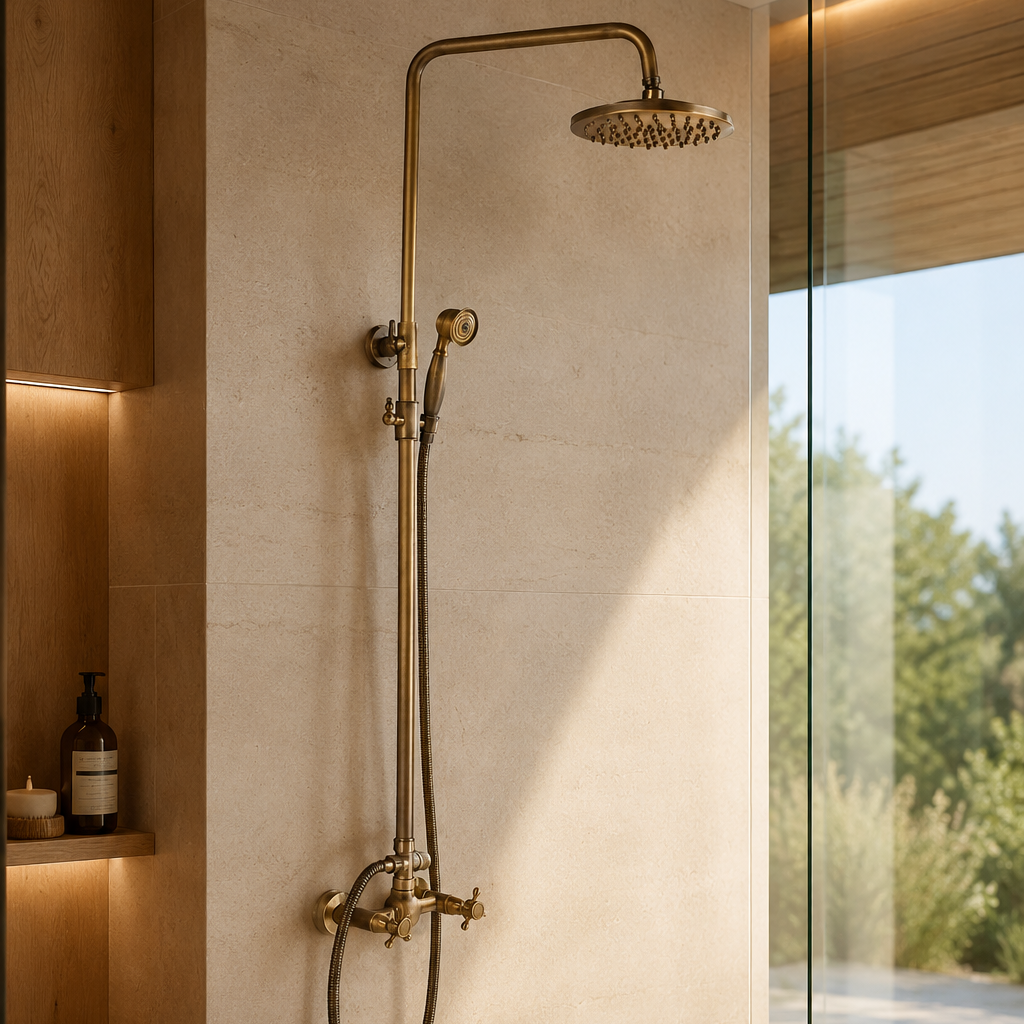 Colonne de douche rétro en laiton à robinets – vue 2