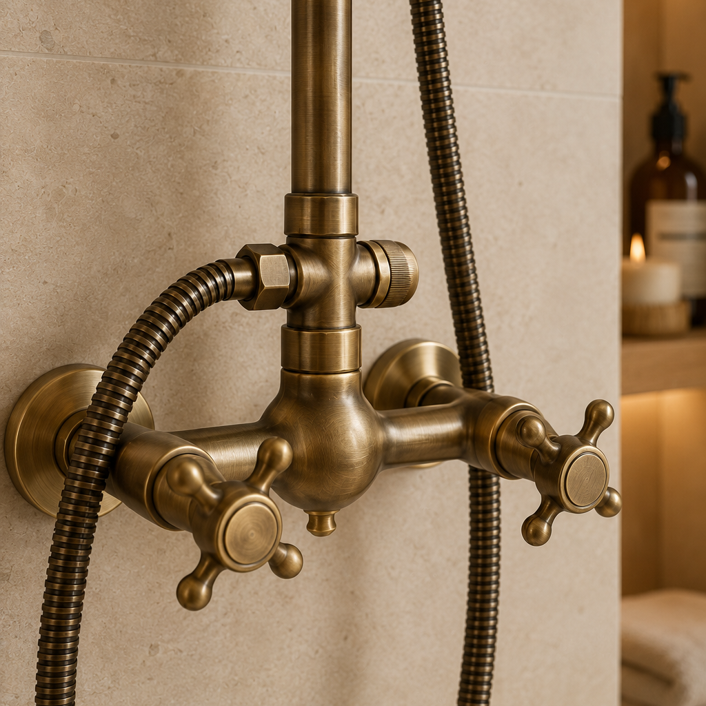 Colonne de douche rétro en laiton à robinets – vue 4