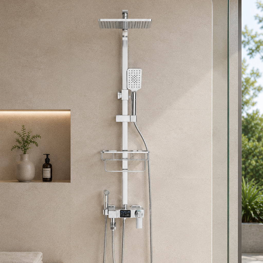 Colonne de douche thermostatique chromée 30 cm – mitigeur