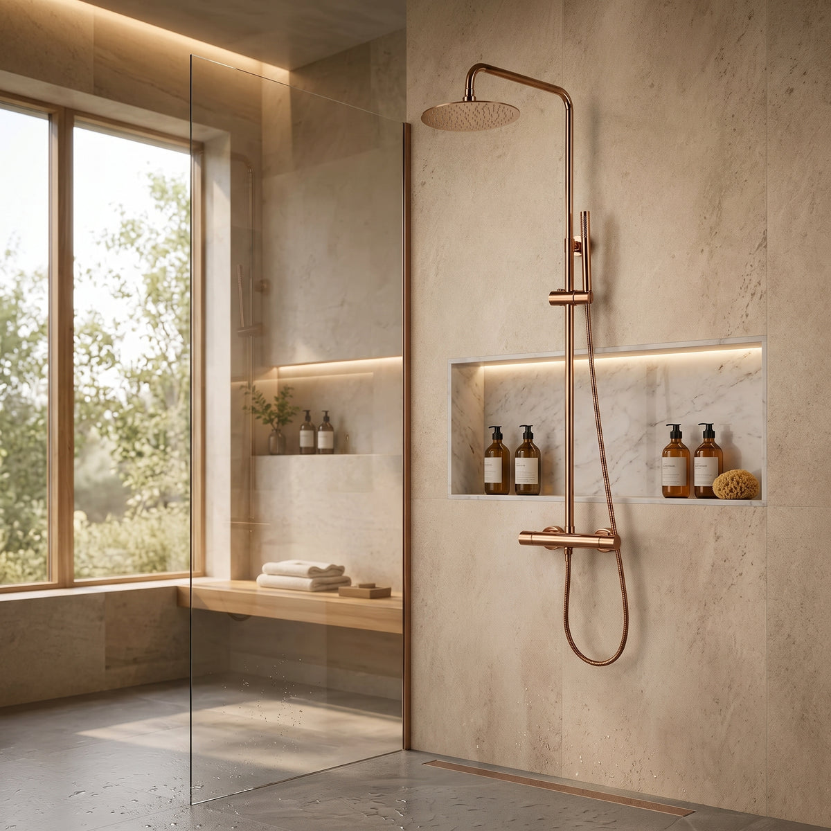 Colonne de douche thermostatique dorée bras droit avec commande 20 cm