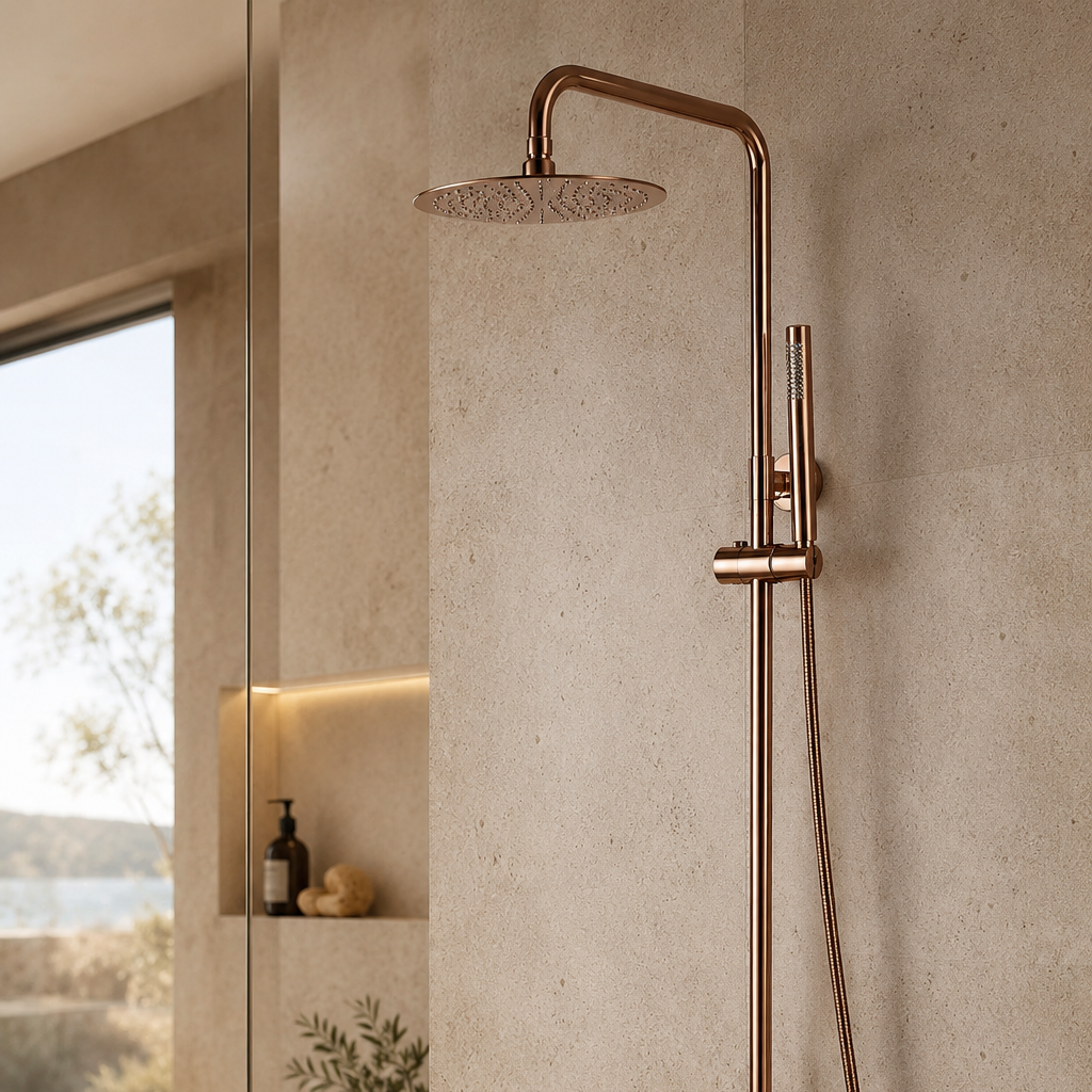Colonne de douche thermostatique dorée bras droit avec commande 20 cm – mitigeur