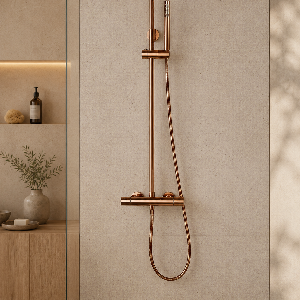Colonne de douche thermostatique dorée bras droit avec commande 20 cm – mitigeur