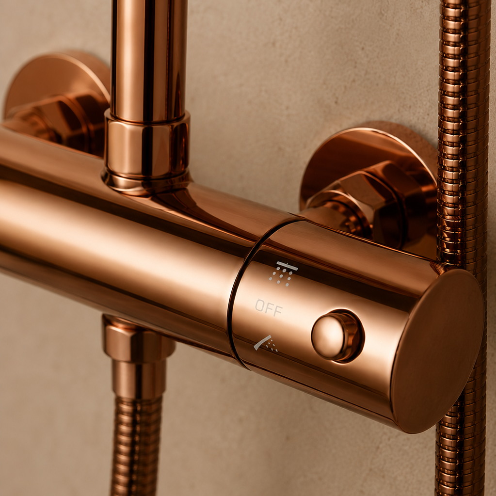 Colonne de douche thermostatique dorée bras droit avec commande 20 cm – mitigeur