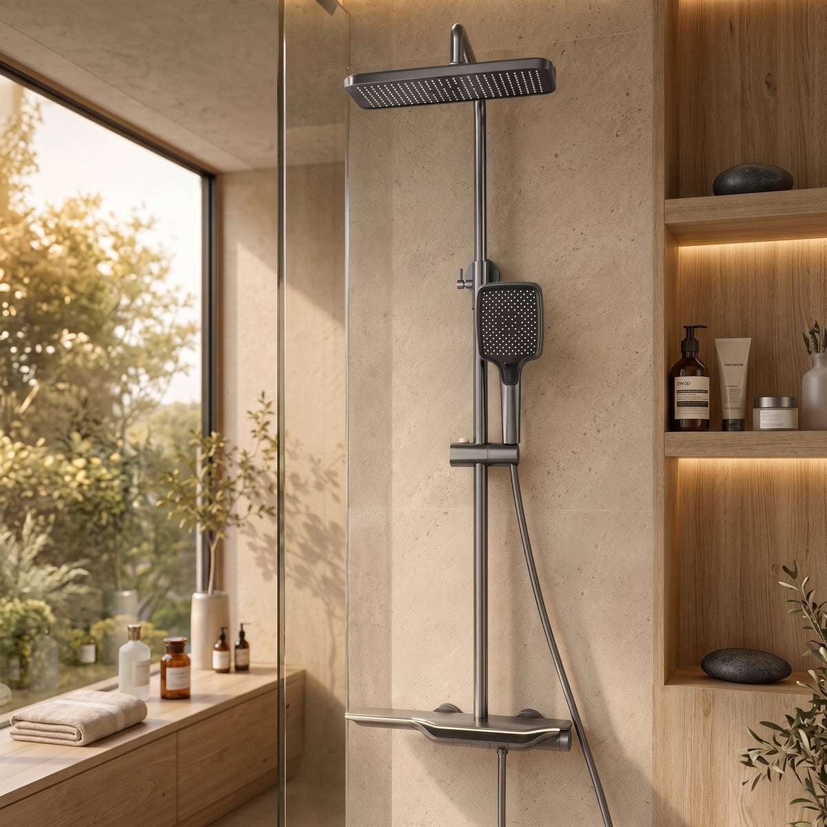 Colonne de douche thermostatique grise 30 cm – mise en situation en salle de bain