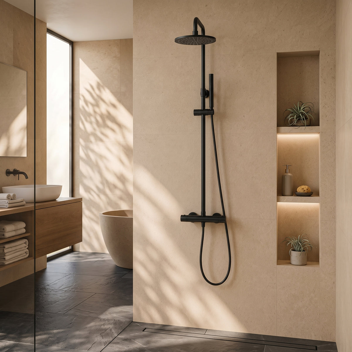 Colonne de douche thermostatique noire 20 cm col cintré
