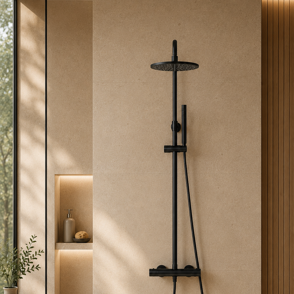 Colonne de douche thermostatique noire 20 cm col cintré – mitigeur