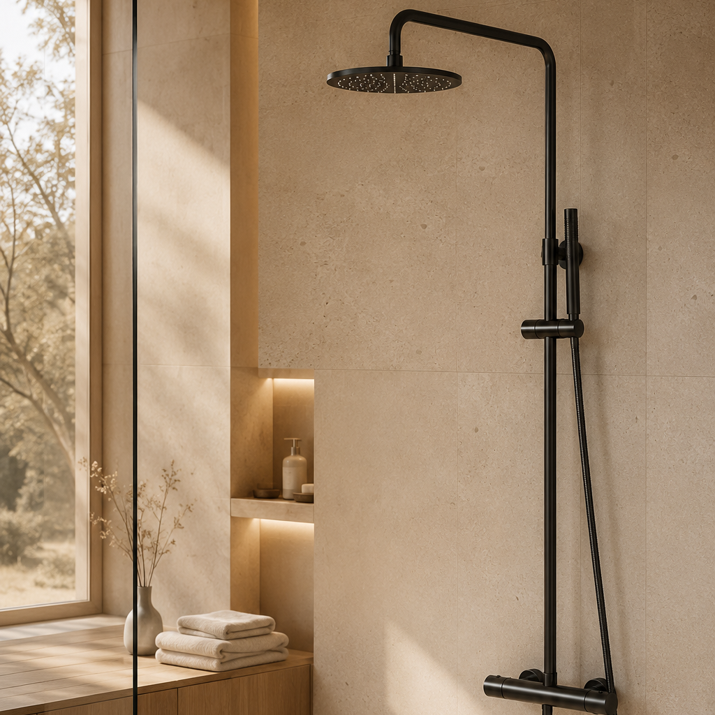 Colonne de douche thermostatique noire 20 cm col cintré – mitigeur