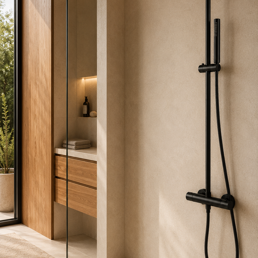 Colonne de douche thermostatique noire bras droit 30 cm – mitigeur