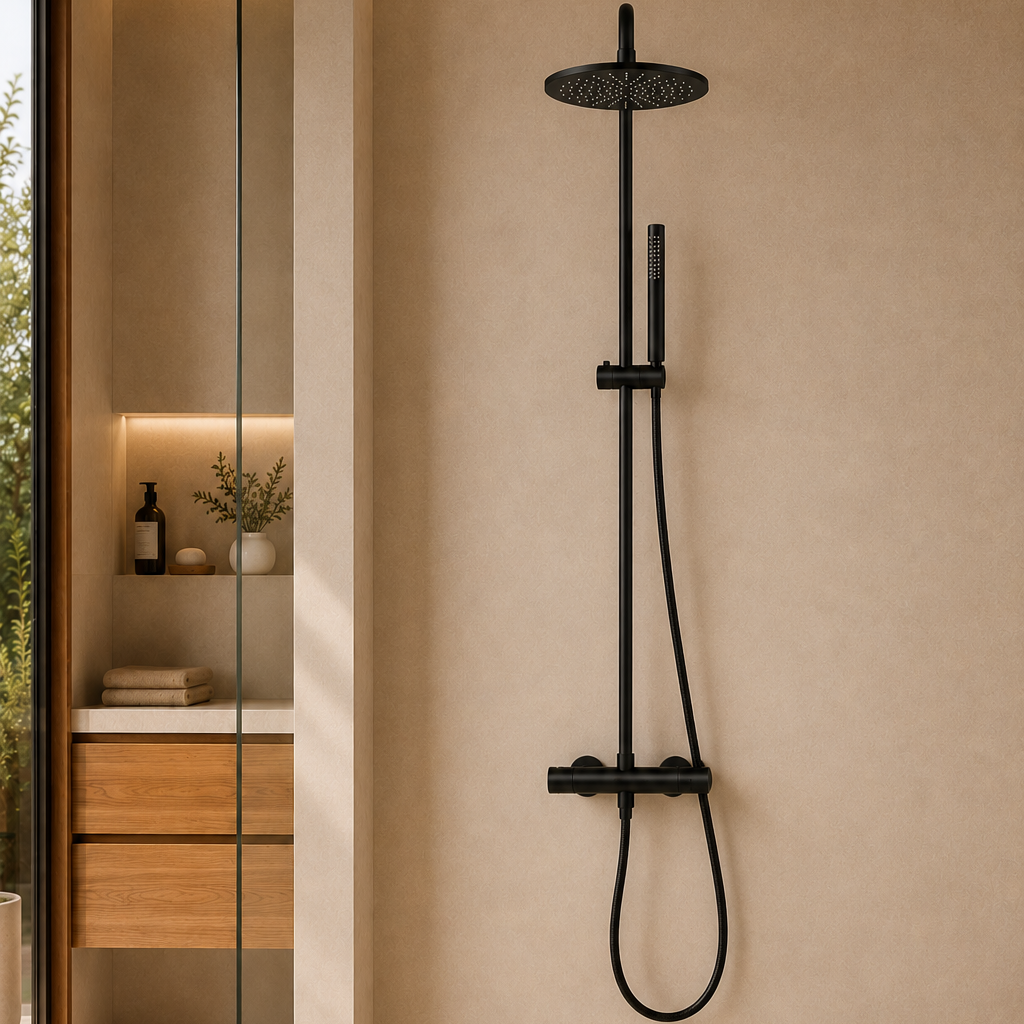 Colonne de douche thermostatique noire bras droit 30 cm – mitigeur