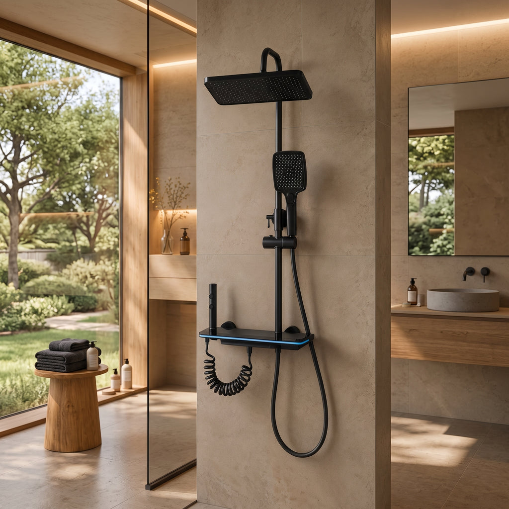 Colonne de douche thermostatique noire tête carrée avec panneau digital 30 cm