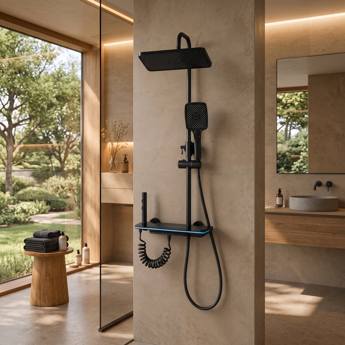 Colonne de douche thermostatique noire tête carrée avec panneau digital 30 cm