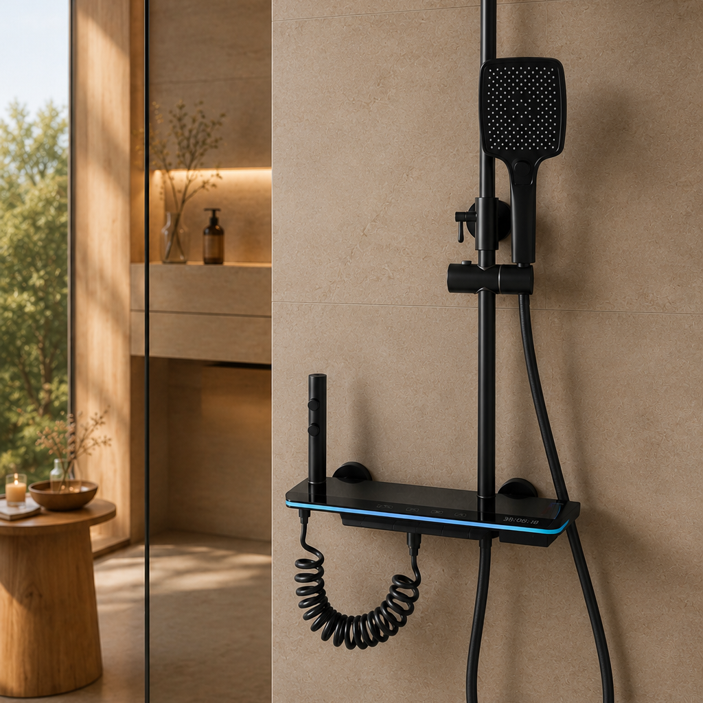 Colonne de douche thermostatique noire tête carrée avec panneau digital 30 cm – mitigeur