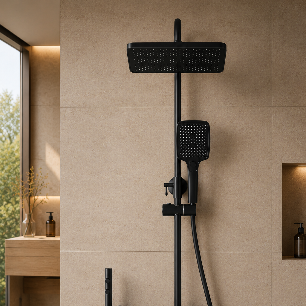 Colonne de douche thermostatique noire tête carrée avec panneau digital 30 cm – mitigeur