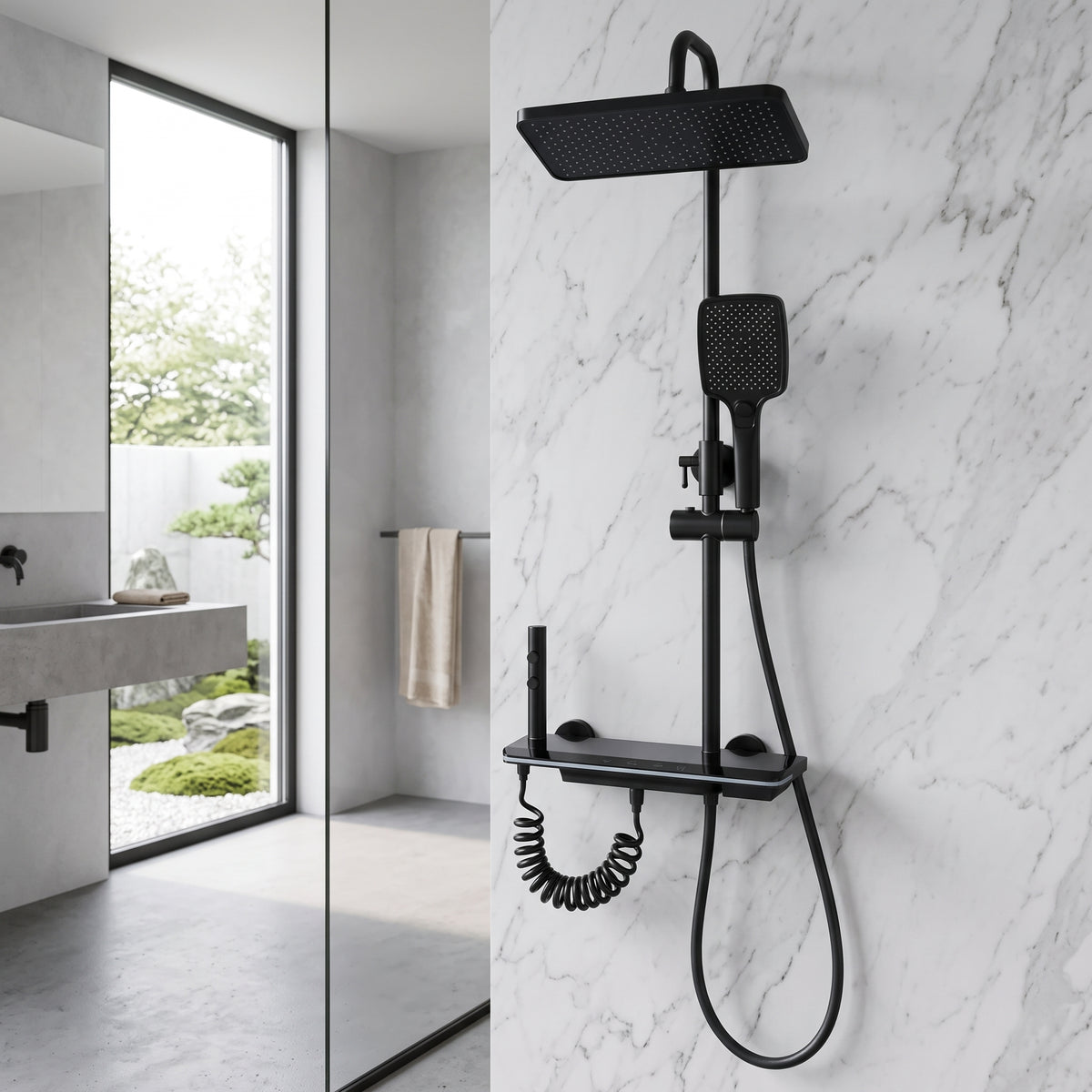 Colonne de douche thermostatique noire tête carrée avec panneau digital 30 cm – mise en situation en salle de bain