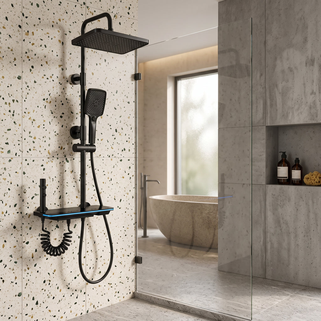 Colonne de douche thermostatique noire tête carrée avec panneau digital 30 cm – mise en situation en salle de bain