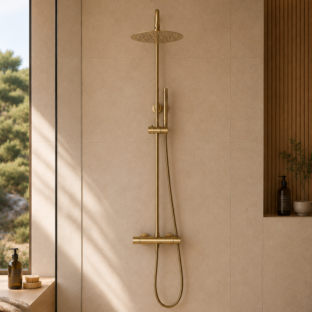 Colonne de douche thermostatique or brossé 30 cm – mitigeur
