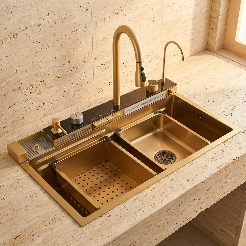 Évier de cuisine cascade inox doré 75x46 cm avec mitigeur – vue 4