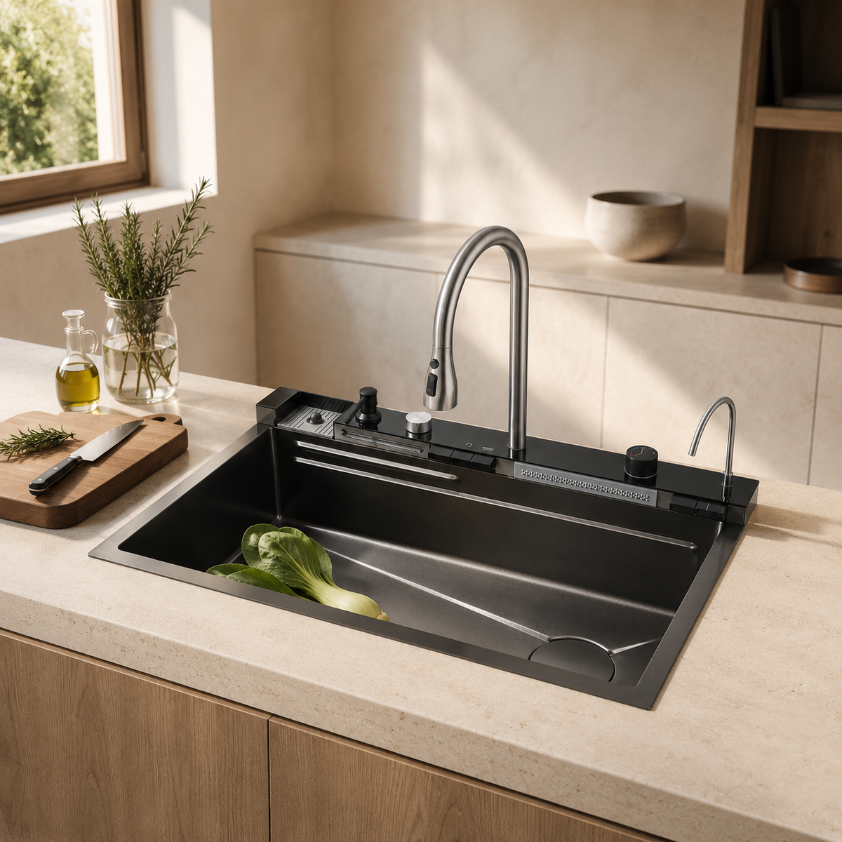 Évier de cuisine cascade inox noir brossé 75x45 cm