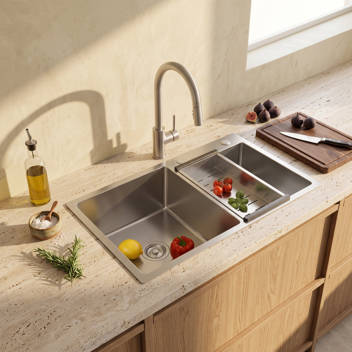 Évier de cuisine double bac inox brossé 78x43 cm