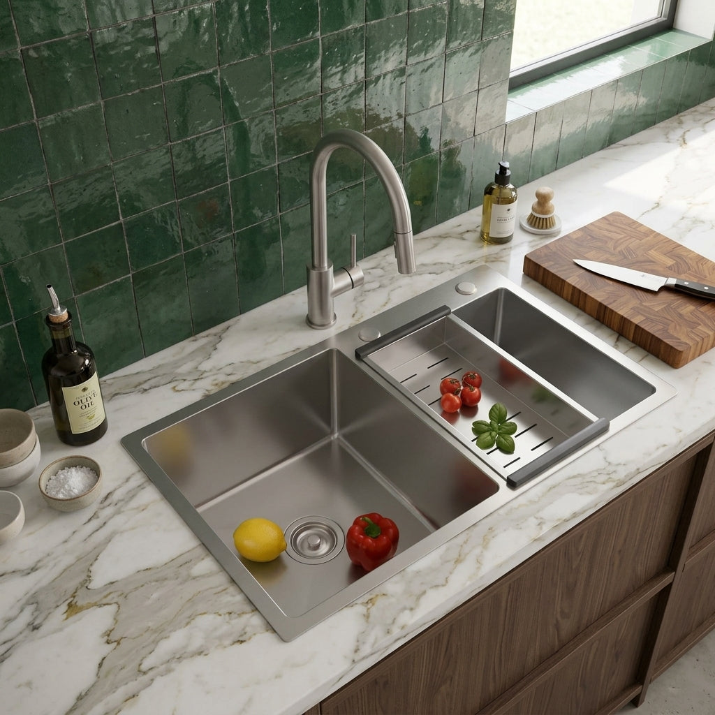 Évier de cuisine double bac inox brossé 78x43 cm – vue 2