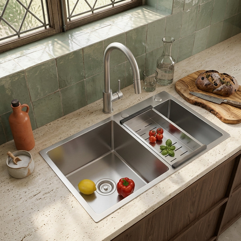 Évier de cuisine double bac inox brossé 78x43 cm – vue 3