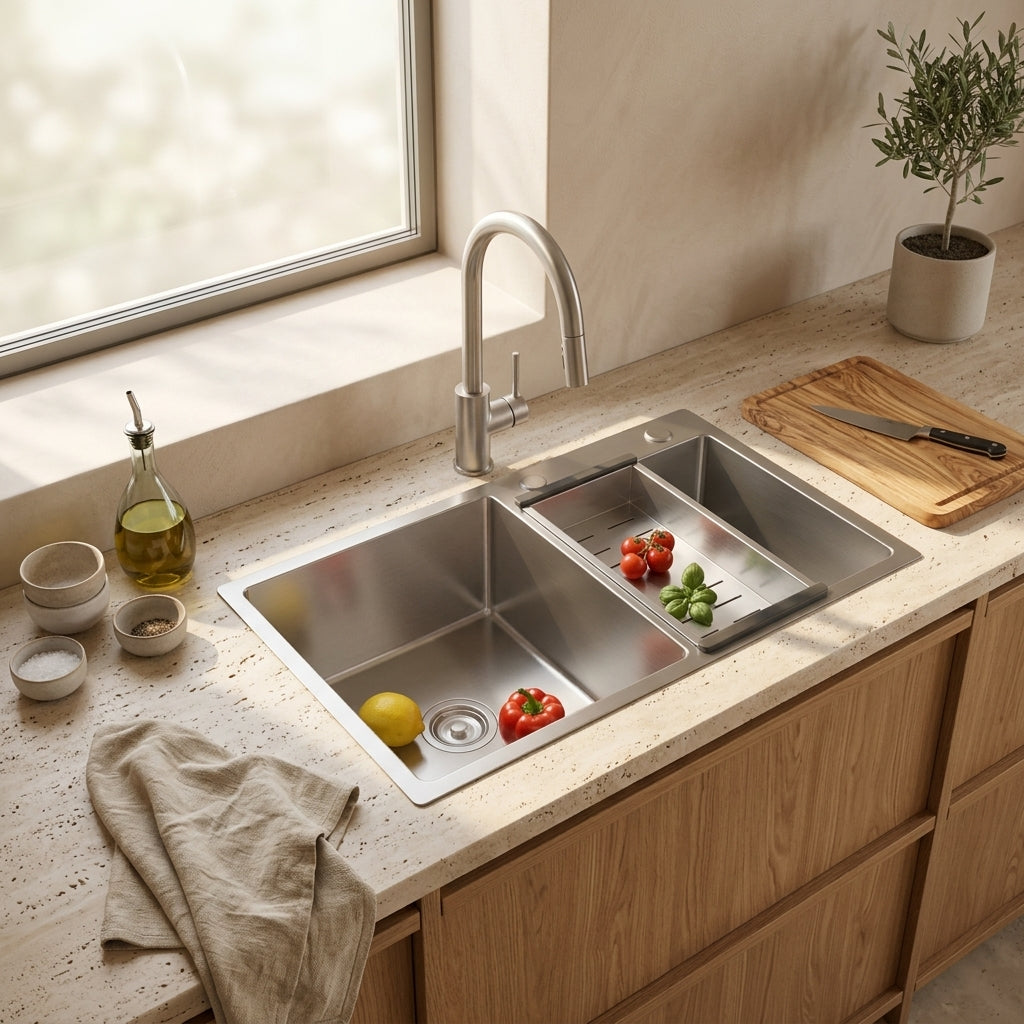 Évier de cuisine double bac inox brossé 78x43 cm – vue 4