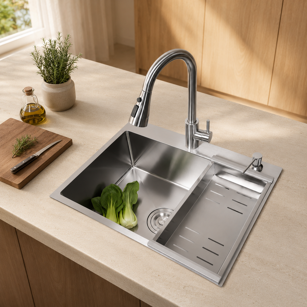 Évier de cuisine inox brossé 60x45 cm avec mitigeur