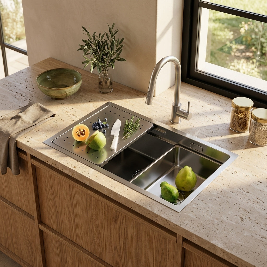 Évier de cuisine inox brossé 70x44 cm avec espace de préparation