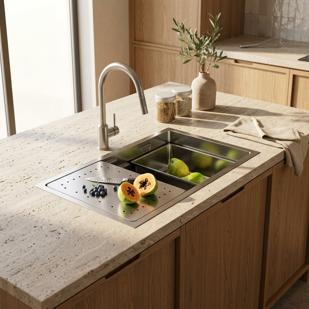 Évier de cuisine inox brossé 70x44 cm avec espace de préparation – vue 2