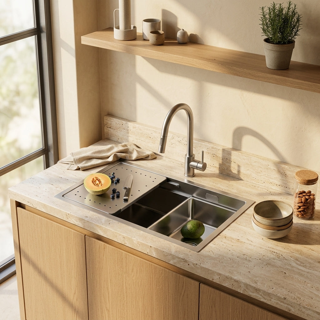 Évier de cuisine inox brossé 70x44 cm avec espace de préparation – vue 3