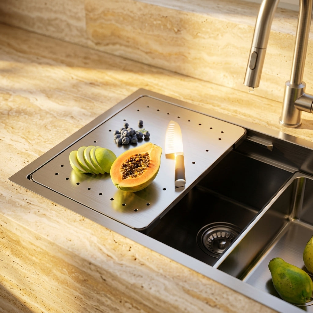 Évier de cuisine inox brossé 70x44 cm avec espace de préparation – vue 4