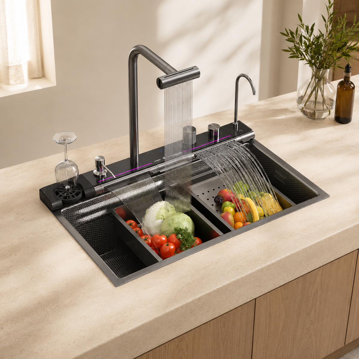 Évier de cuisine inox noir 75x45 cm avec mitigeur douchette extractible