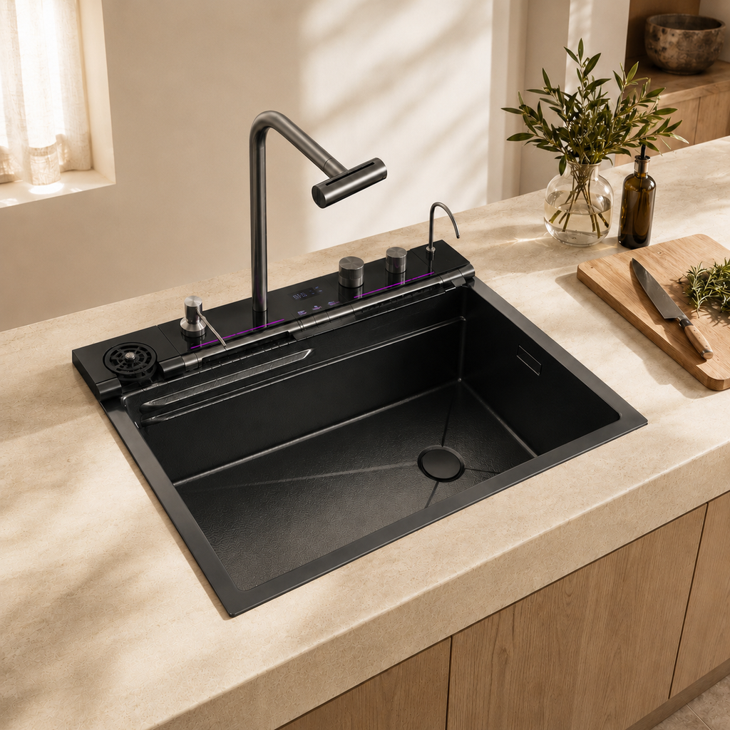 Évier de cuisine inox noir 75x45 cm avec mitigeur douchette extractible – mitigeur