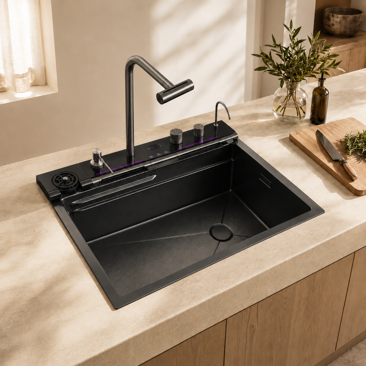 Évier de cuisine inox noir 75x45 cm avec mitigeur douchette extractible – mitigeur