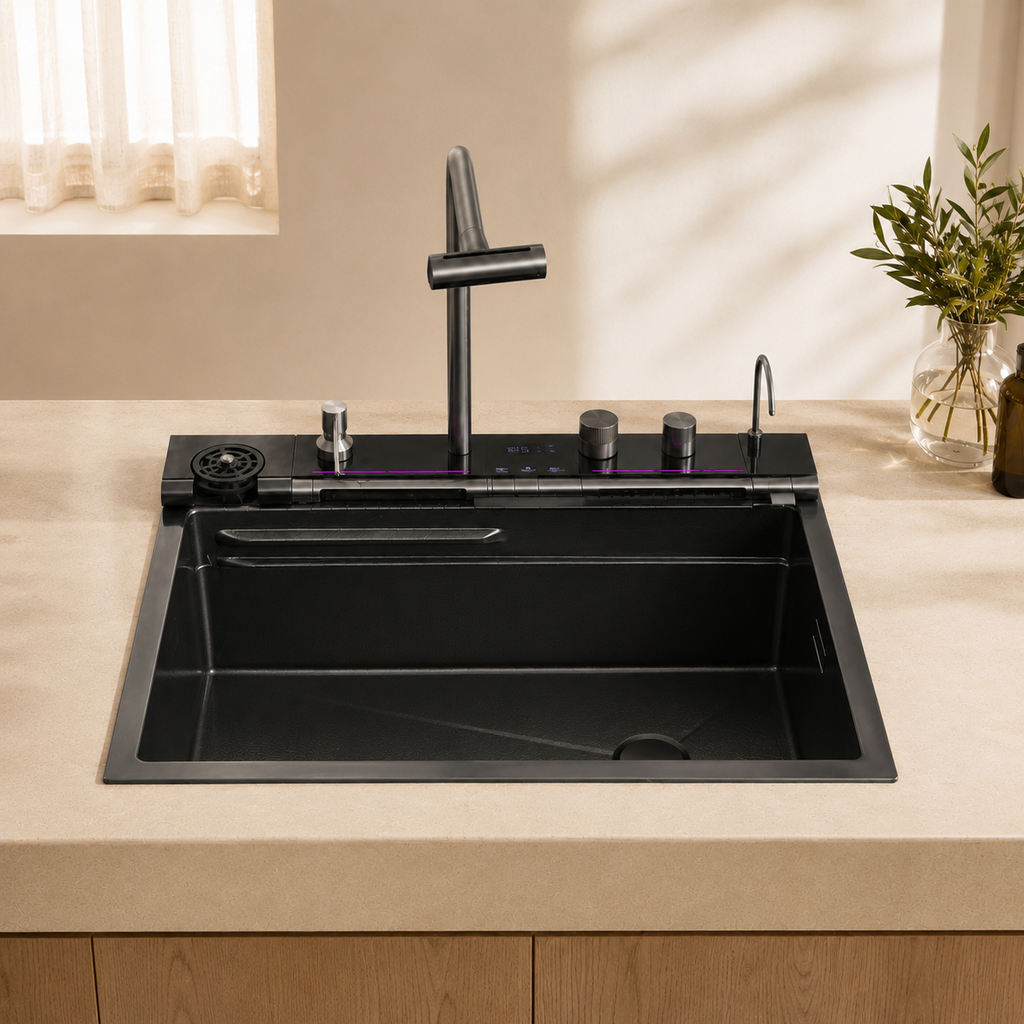 Évier de cuisine inox noir 75x45 cm avec mitigeur douchette extractible – mitigeur