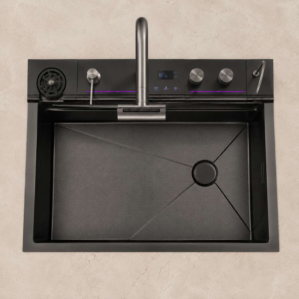 Évier de cuisine inox noir 75x45 cm avec mitigeur douchette extractible – mitigeur