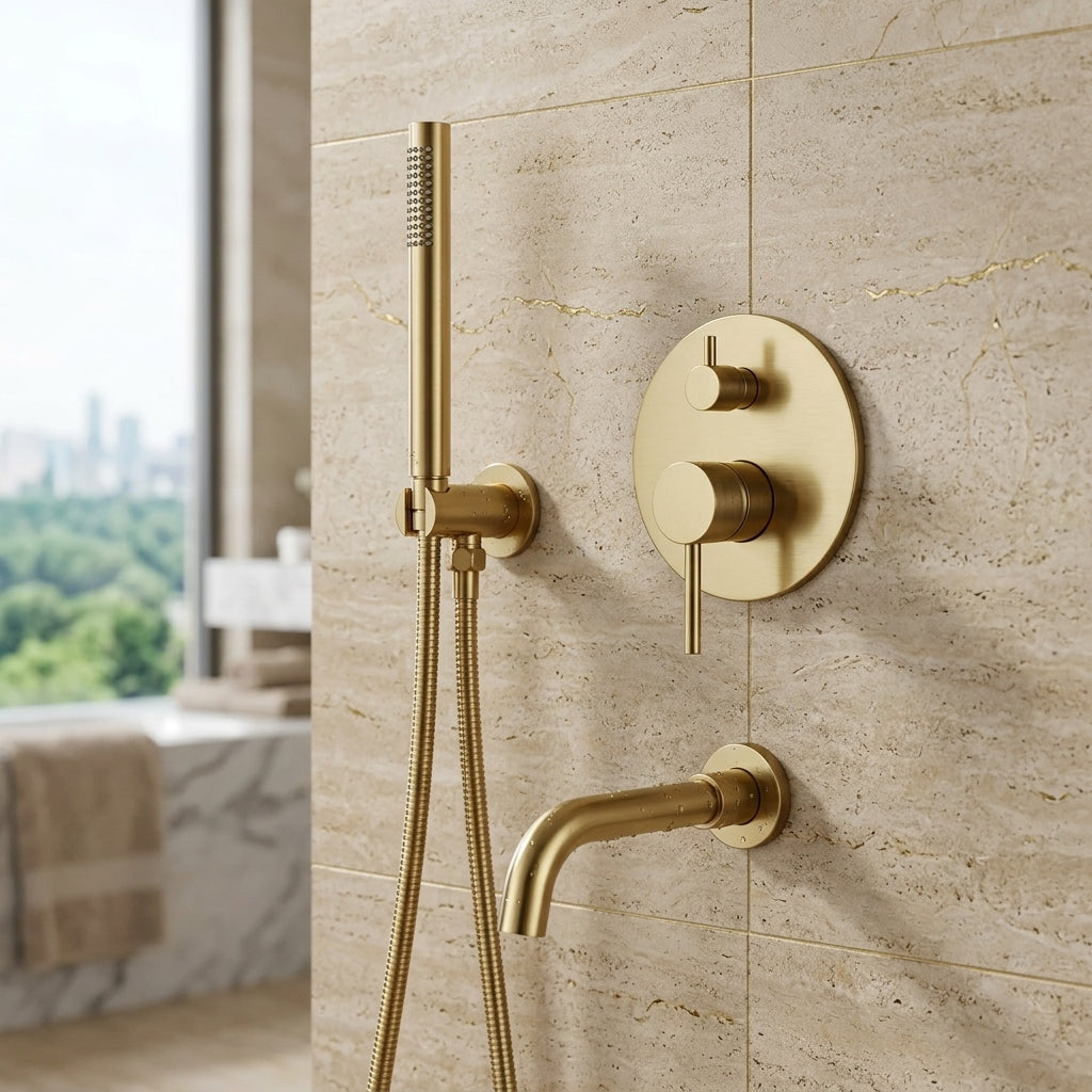 Mitigeur baignoire or brossé – mise en situation en salle de bain