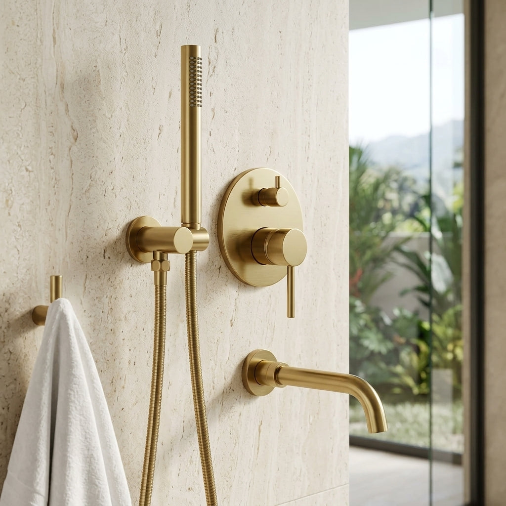 Mitigeur baignoire or brossé – mise en situation en salle de bain