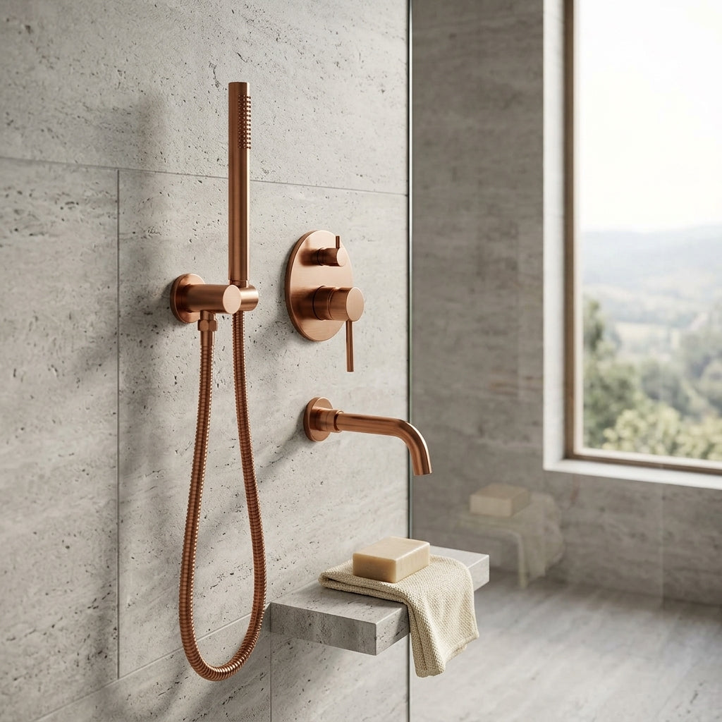 Mitigeur baignoire or rose brossé – mise en situation en salle de bain