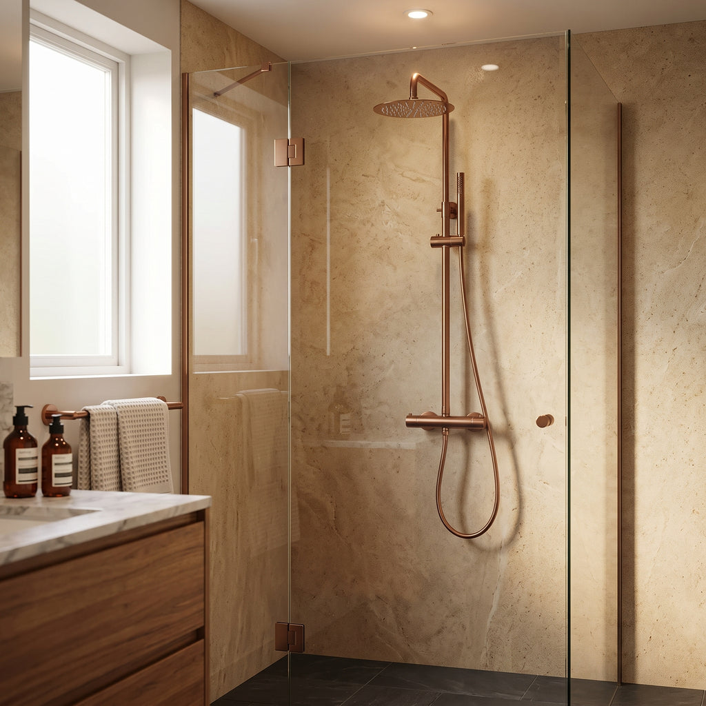 Mitigeur thermostatique douche mural laiton poli – mise en situation en salle de bain