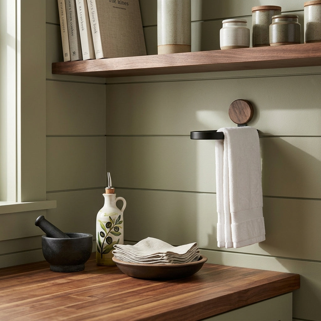 Porte-serviettes mural rabattable métal noir et bois – mise en situation en salle de bain