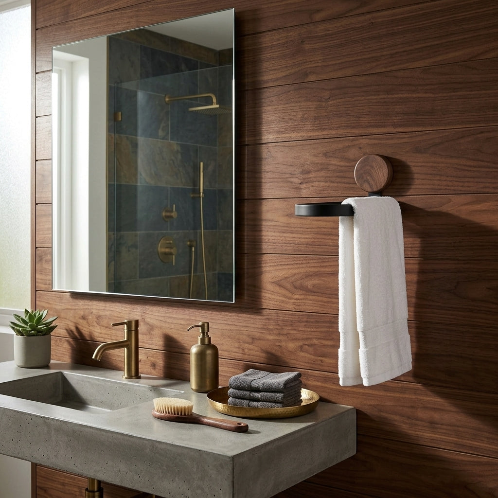 Porte-serviettes mural rabattable métal noir et bois – mise en situation en salle de bain