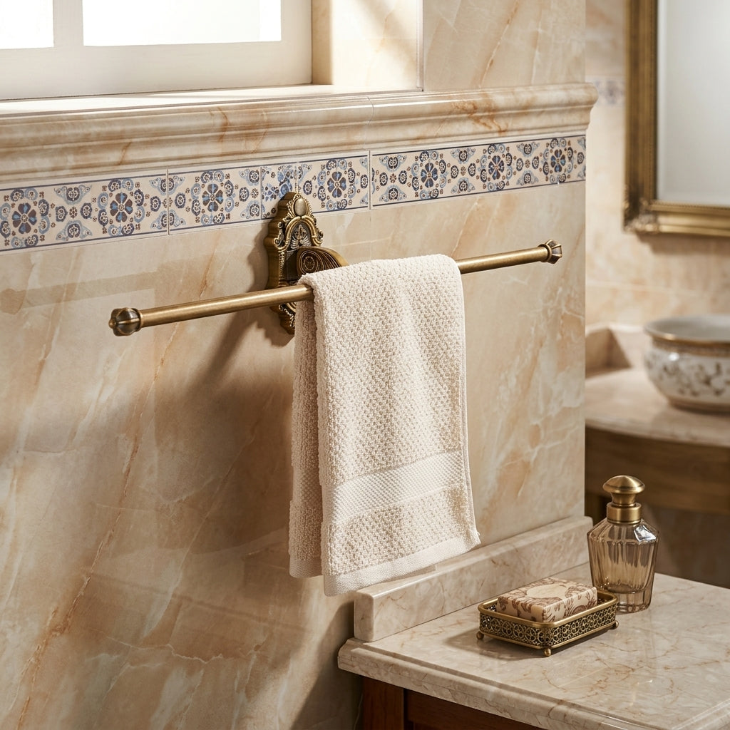 Porte-Serviettes Pliable Laiton Antique 60 cm avec Crochets – mise en situation en salle de bain