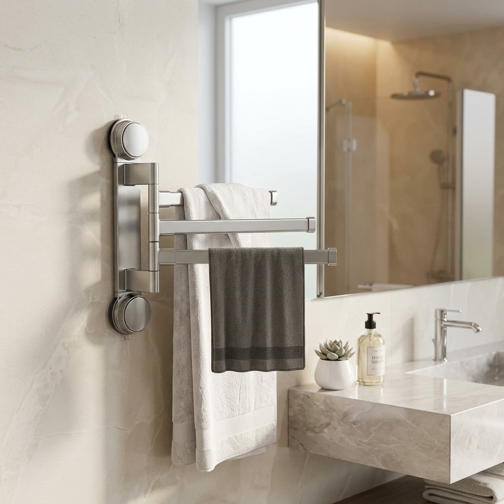 Porte-serviettes rotatif à ventouse pivotant – mise en situation en salle de bain