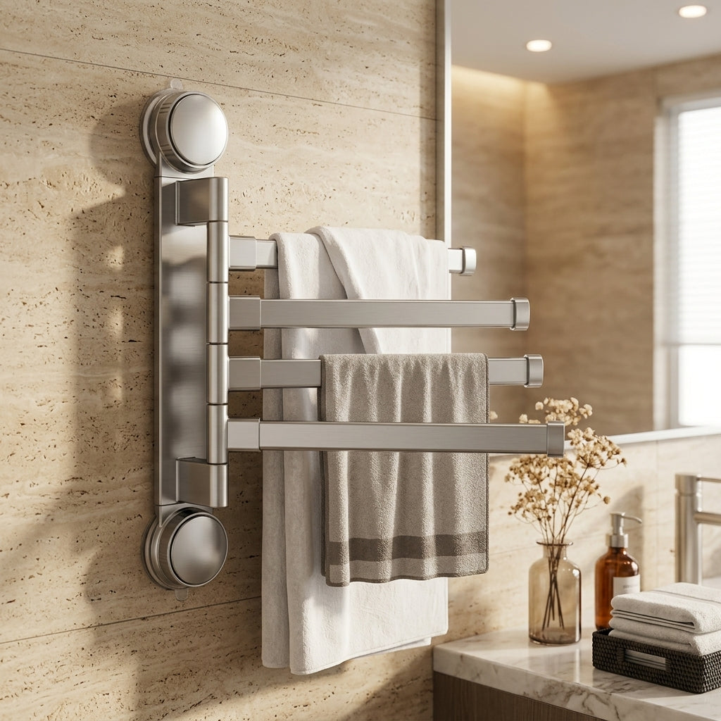 Porte-serviettes rotatif à ventouse pivotant – mise en situation en salle de bain