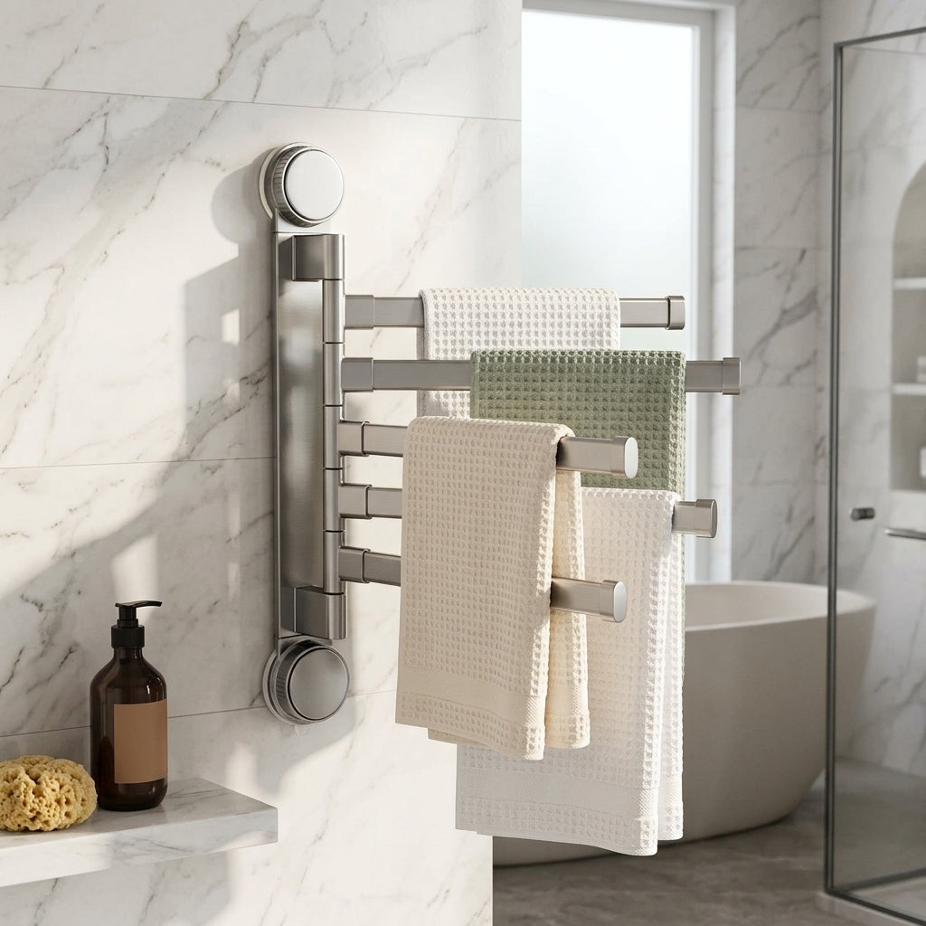 Porte-serviettes rotatif à ventouse pivotant – mise en situation en salle de bain