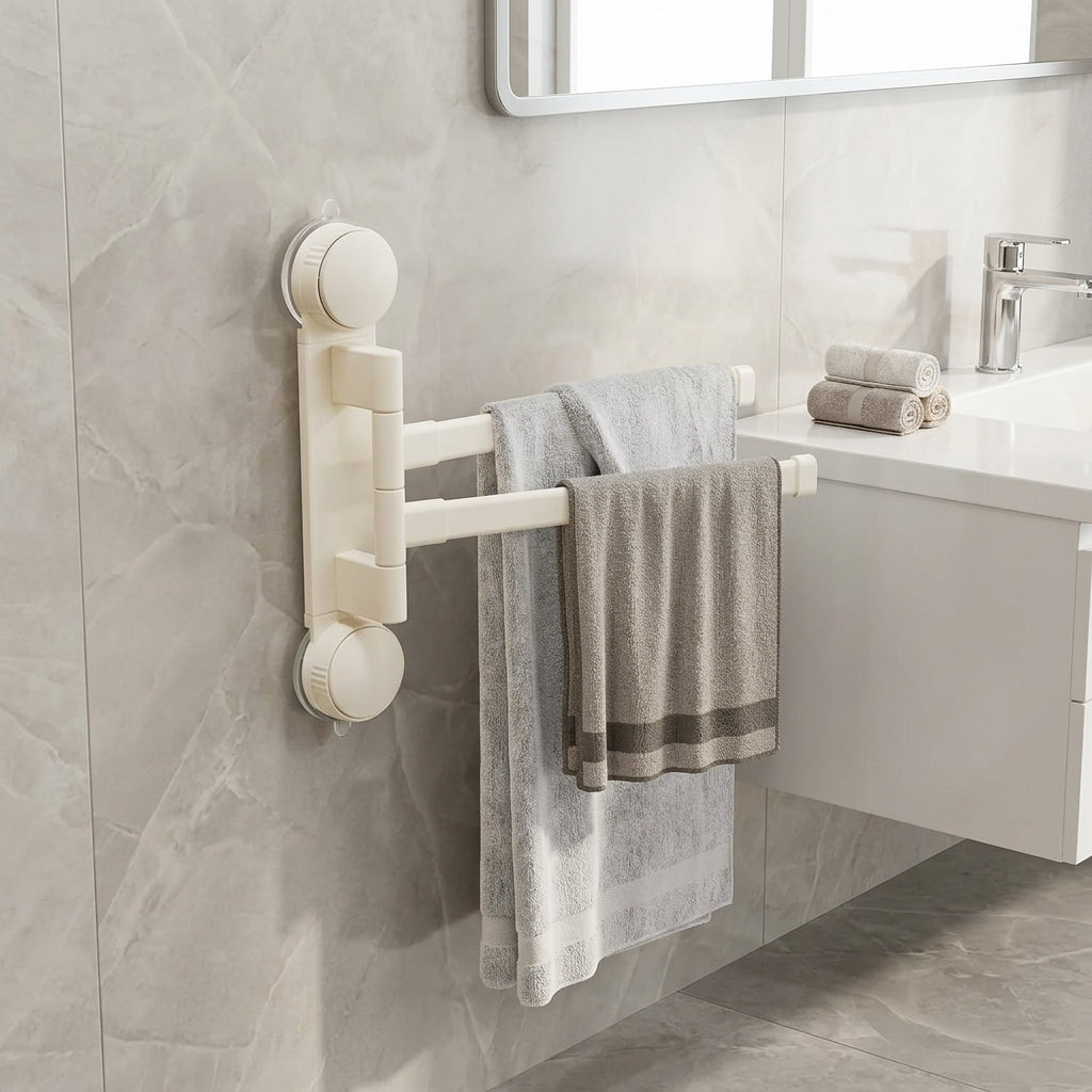 Porte-serviettes rotatif à ventouse pivotant – mise en situation en salle de bain