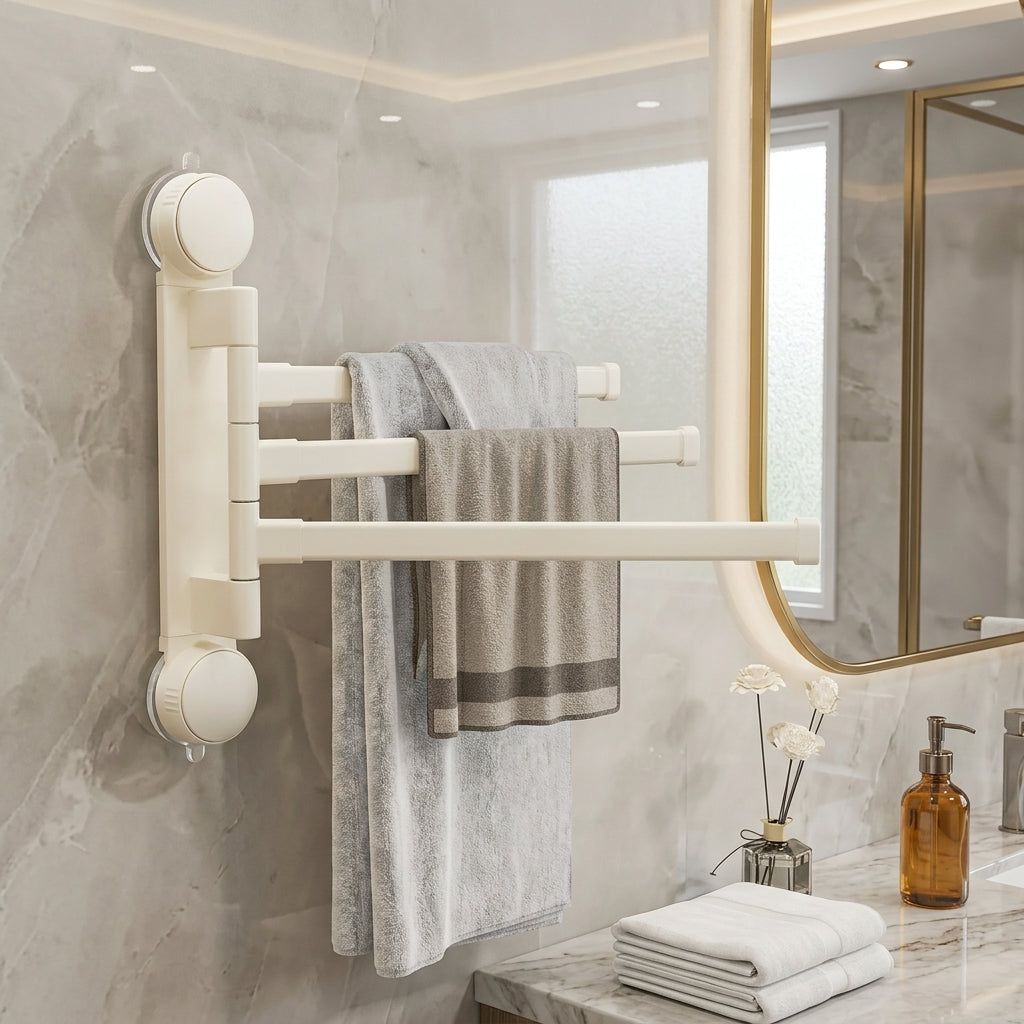 Porte-serviettes rotatif à ventouse pivotant – mise en situation en salle de bain