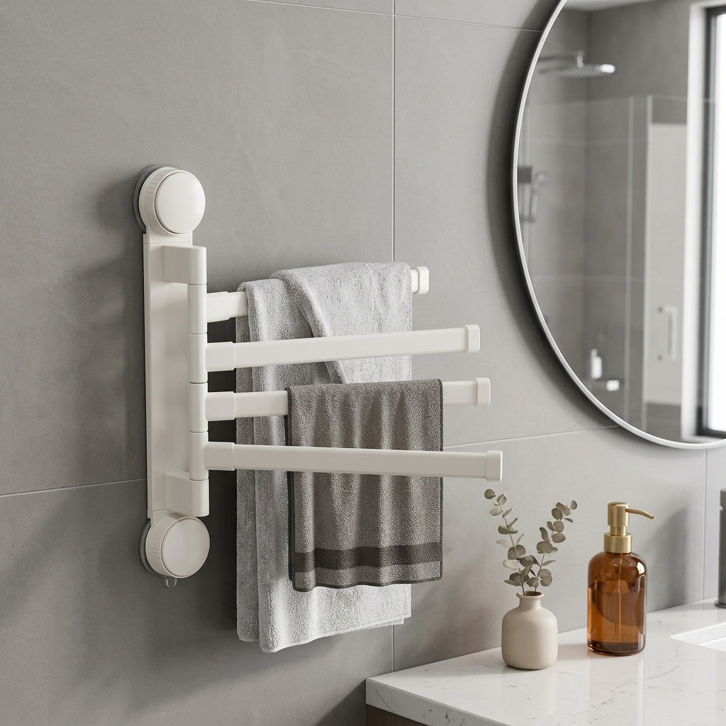 Porte-serviettes rotatif à ventouse pivotant – mise en situation en salle de bain